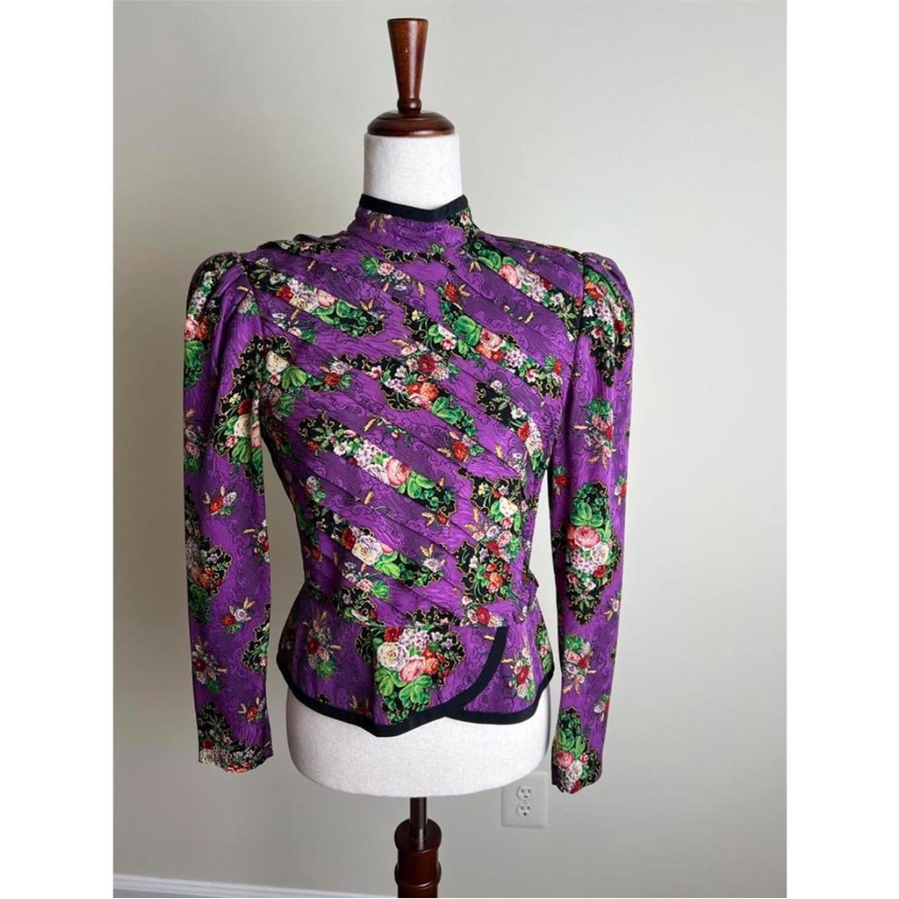VTG Richard Warren 80’s Purple floral structured silk peplum mandarin Blouse 6P - Picture 16 of 16
